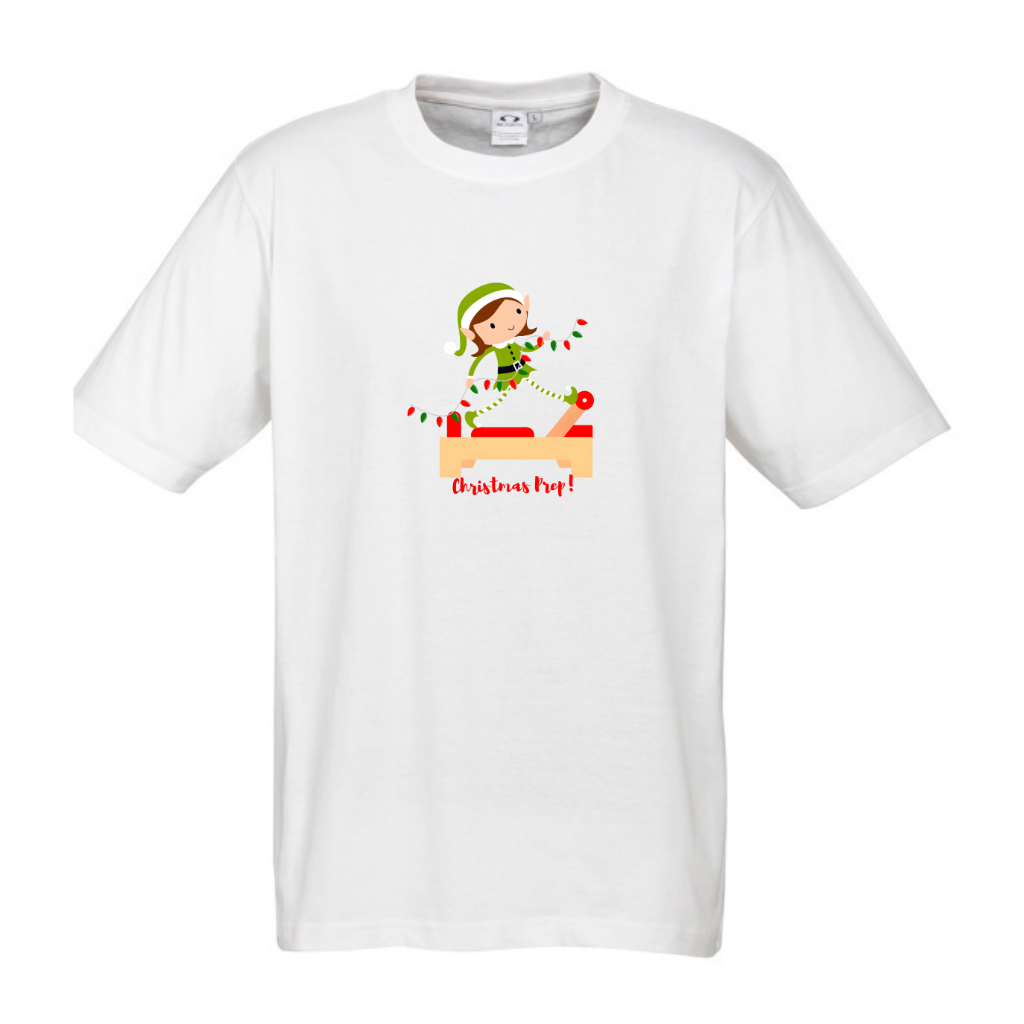 white mens tee with an elf performing front splits pilates exercise on the reformer carrying christmas lights - with the title christmas prep