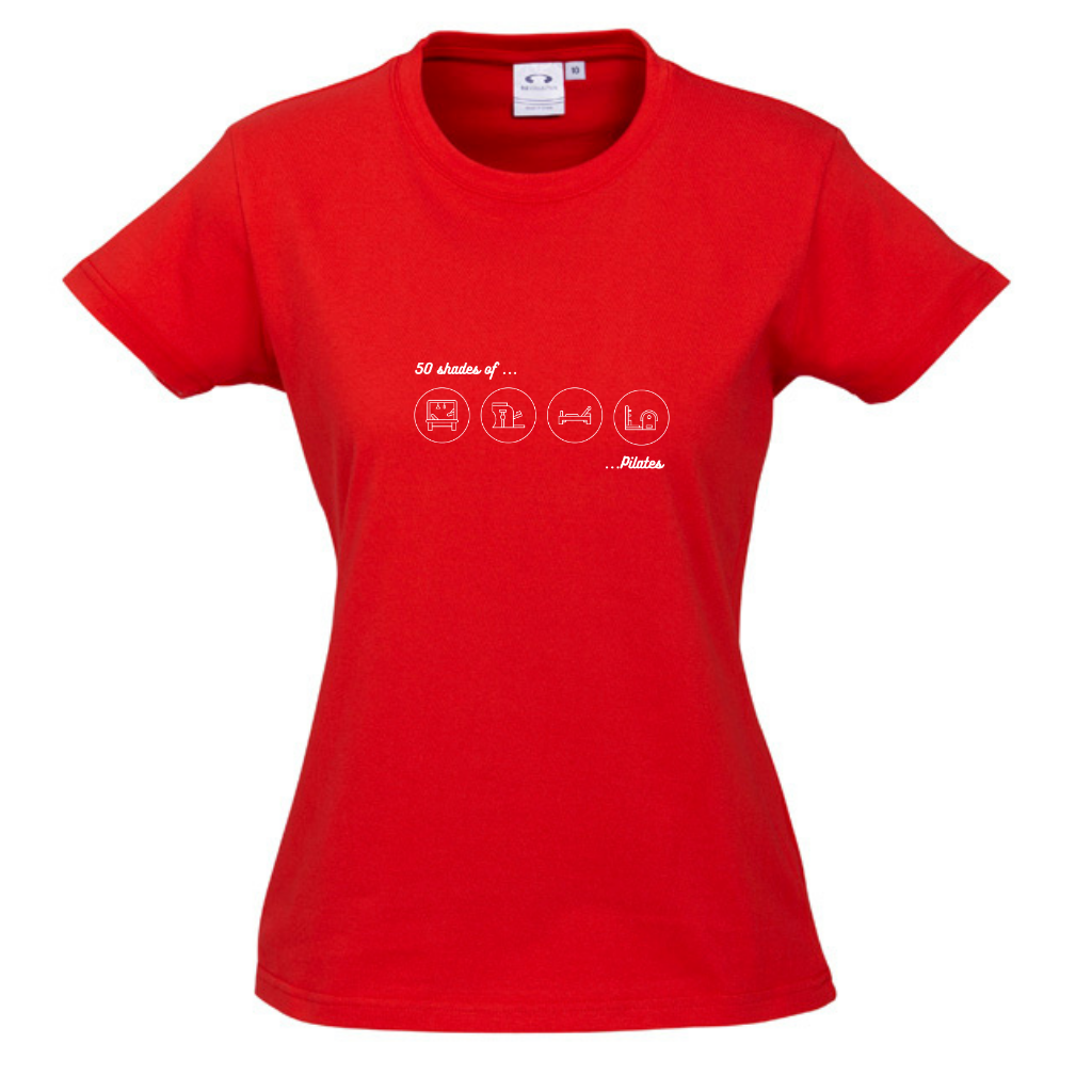 WOMENS ROUND NECK TEE - 50 Shades of Pilates - White Circles
