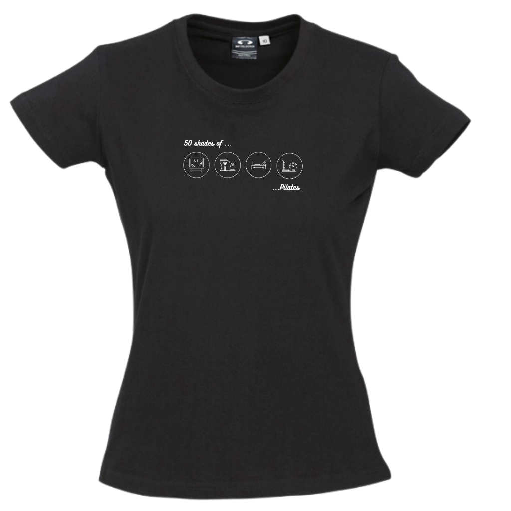 WOMENS ROUND NECK TEE - 50 Shades of Pilates - White Circles