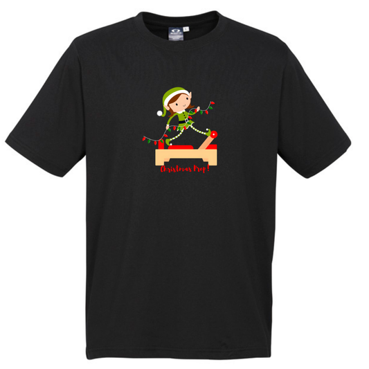 black tee with an elf performing front splits pilates exercise on the reformer carrying christmas lights - with the title christmas prep