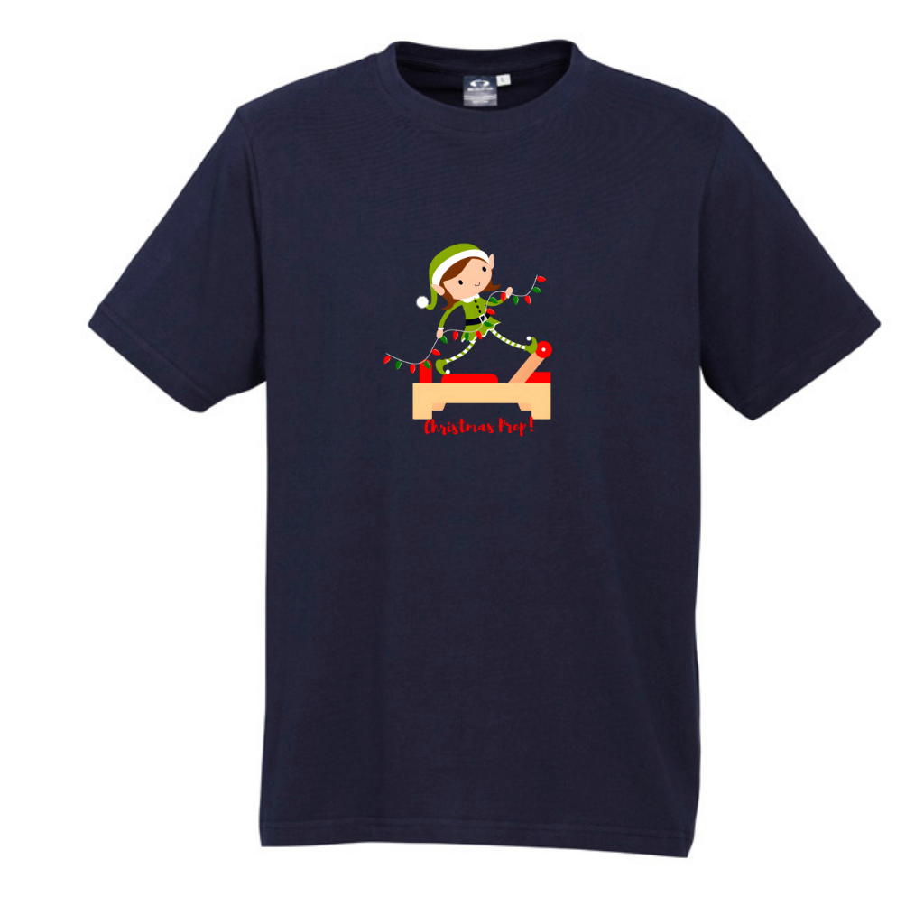 navy tee with an elf performing front splits pilates exercise on the reformer carrying christmas lights - with the title christmas prep