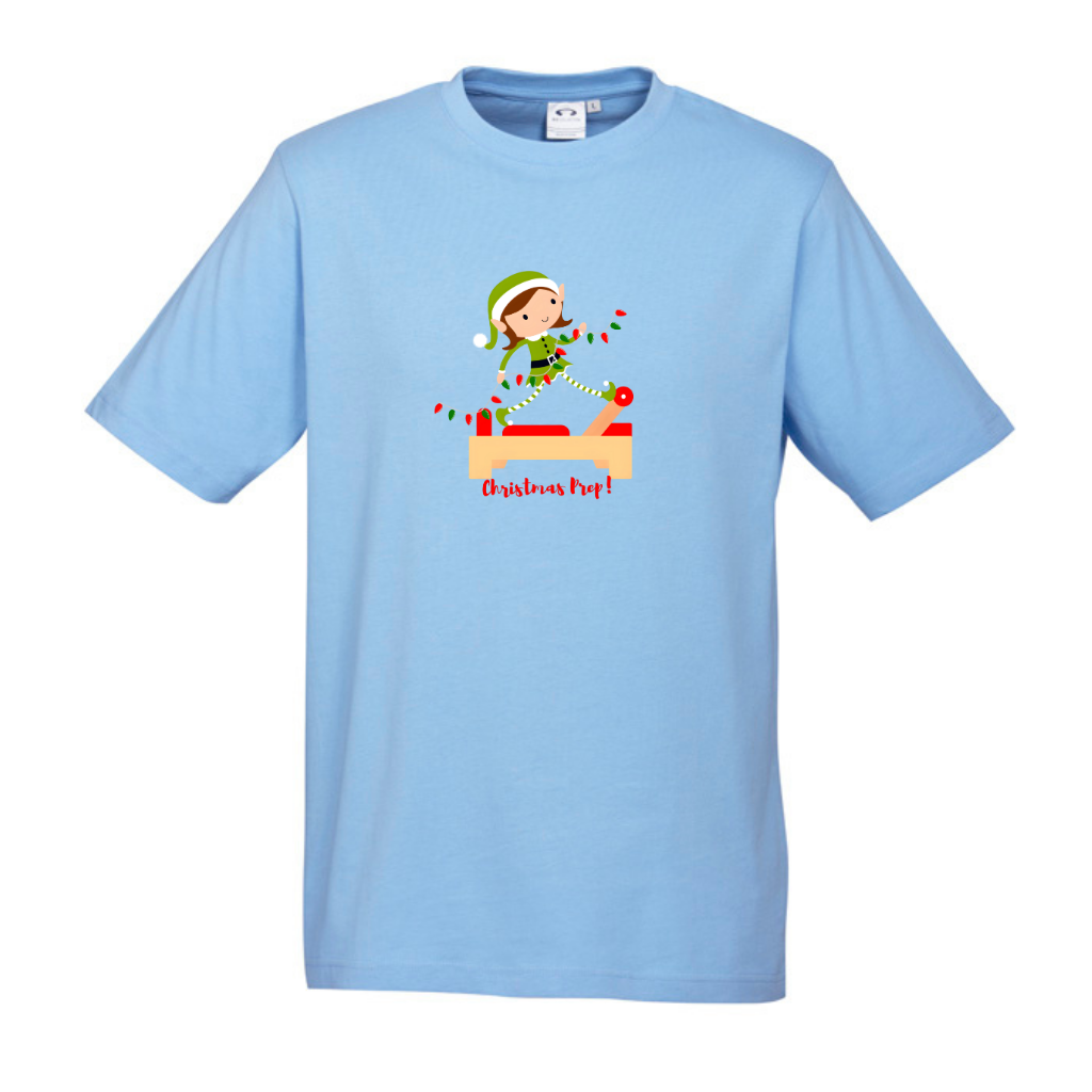 spring blue tee with an elf performing front splits pilates exercise on the reformer carrying christmas lights - with the title christmas prep