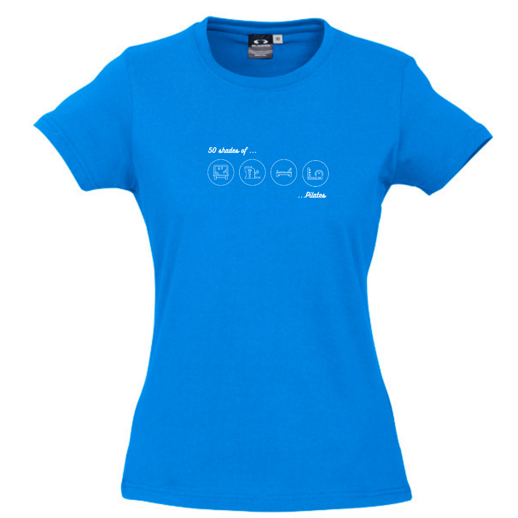 WOMENS ROUND NECK TEE - 50 Shades of Pilates - White Circles